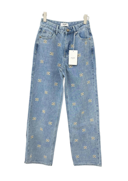 Denim trousers with all-over logo embroidery