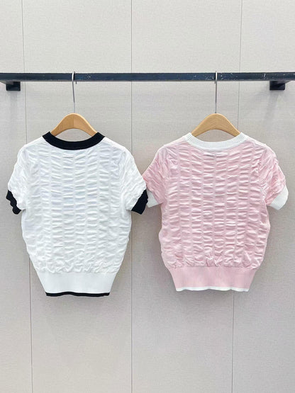 New contrast color pleated knitted short sleeves