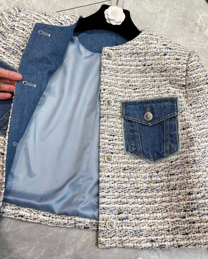 New wool patchwork denim contrast jacket