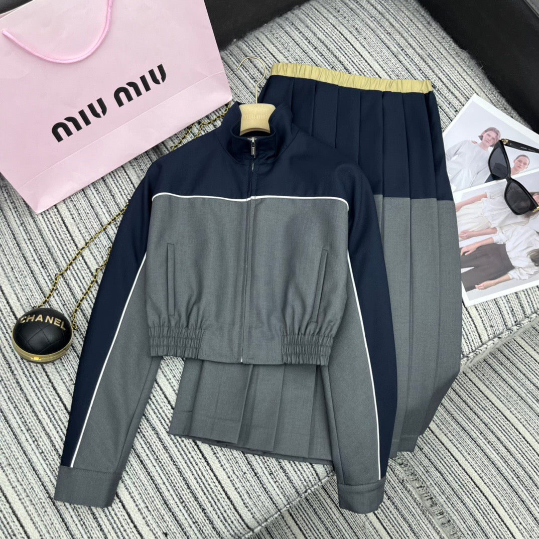 MIU25 Early Spring Contrast Jacket + Pleated Skirt Set