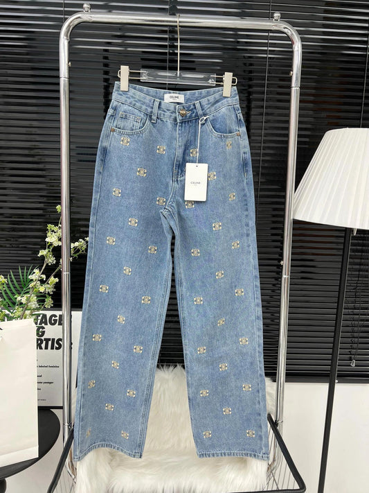 Denim trousers with all-over logo embroidery