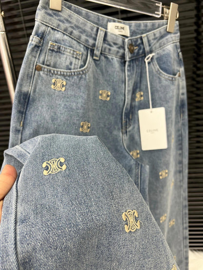 Denim trousers with all-over logo embroidery