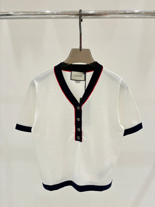 New retro V-neck button knitted short sleeves