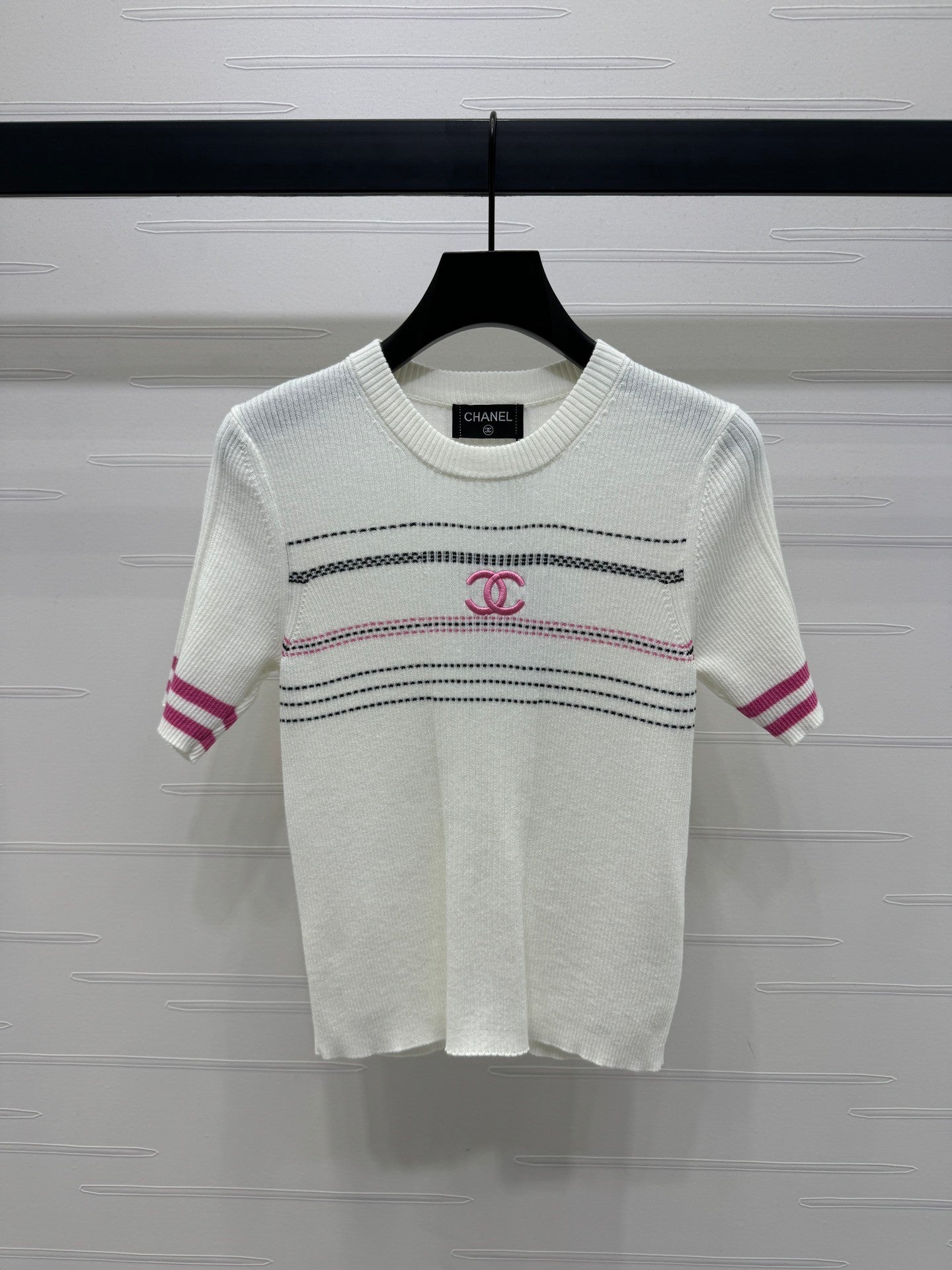 Chan*l Early Spring Vertical Stripe Double C Embroidery Knitted Short Sleeve