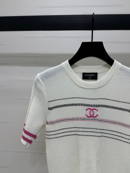 Chan*l Early Spring Vertical Stripe Double C Embroidery Knitted Short Sleeve