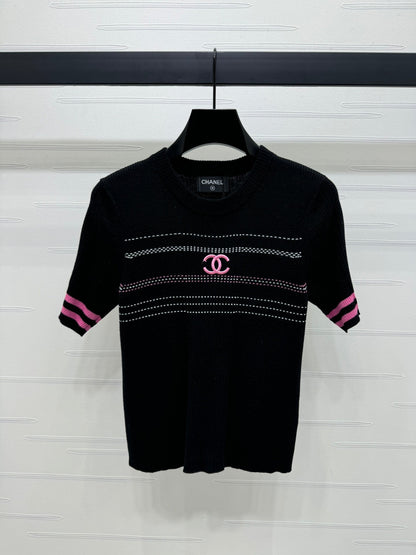 Chan*l Early Spring Vertical Stripe Double C Embroidery Knitted Short Sleeve